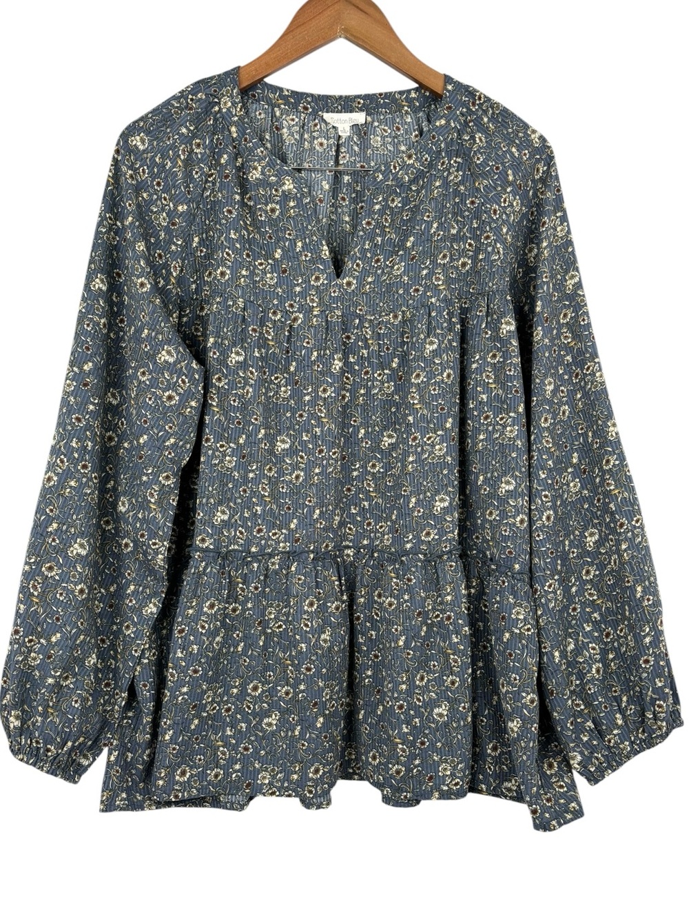Cotten Bleu Blue & Cream Floral Pattern V-Neck Long Sleeve Peasant Blouse L